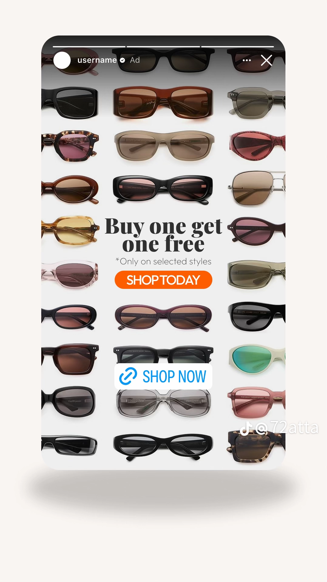 Meta ad creative showing a sunglasses product grid with a buy-one-get-one-free offer