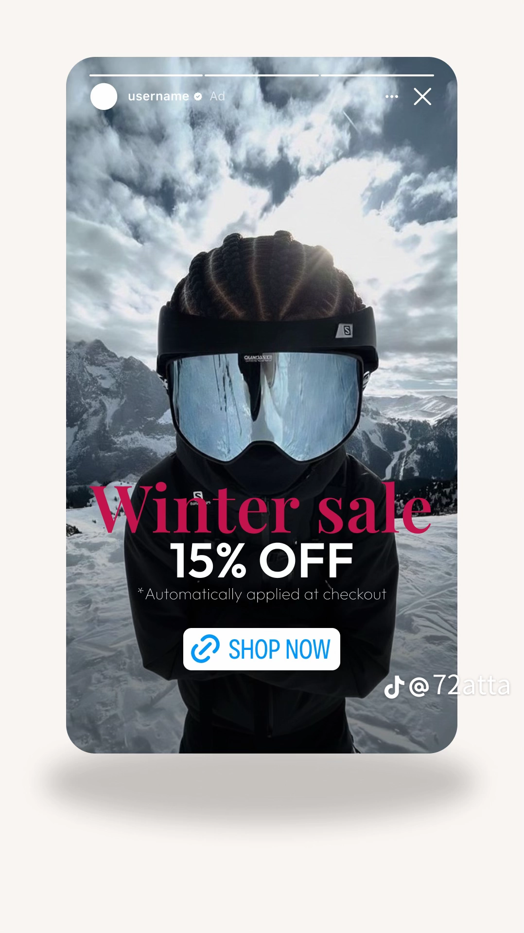 Meta ad creative showing a winter sale lifestyle hero with 15 percent off